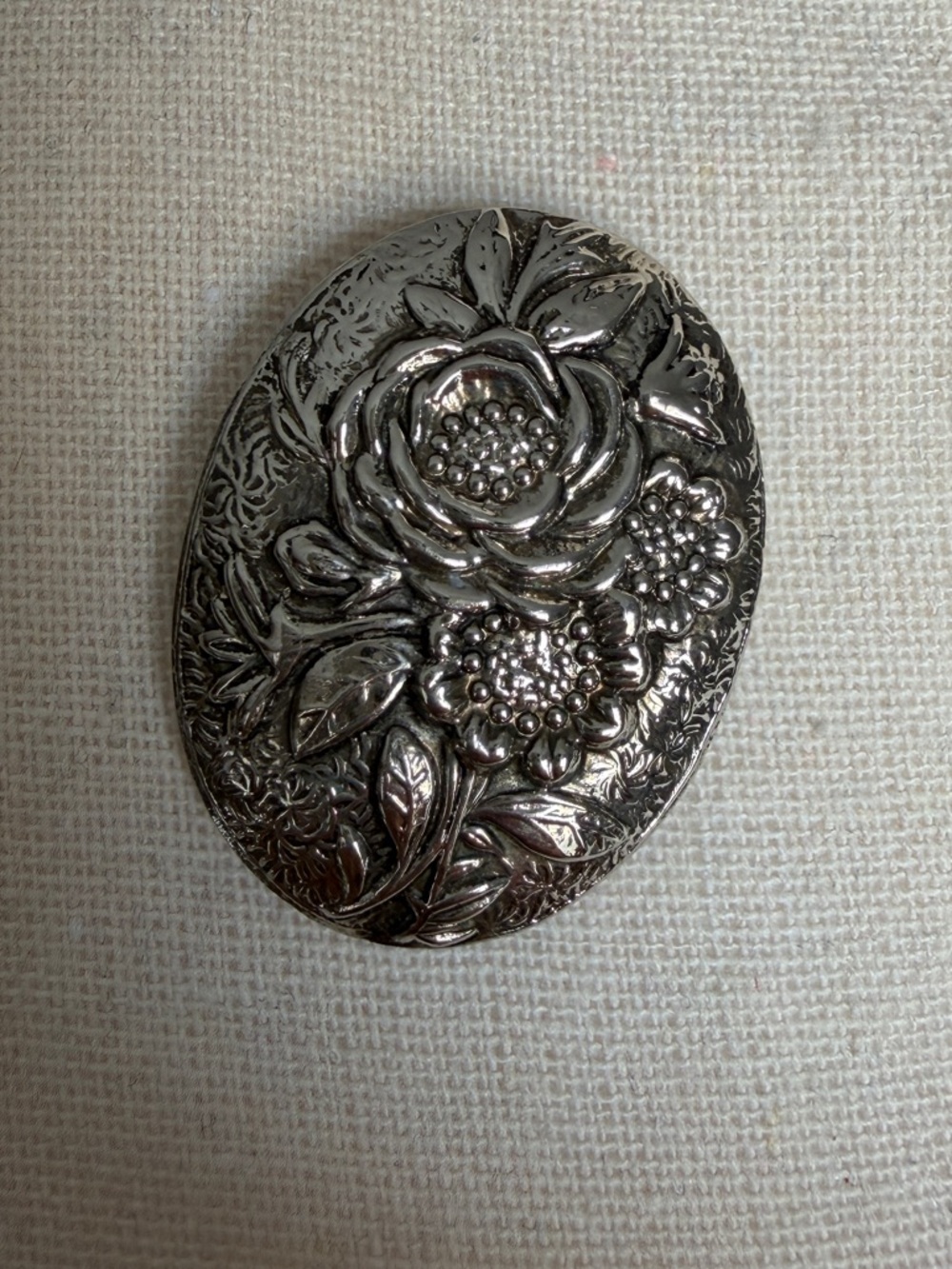 Floral Engraved Silver-Tone Oval Brooch